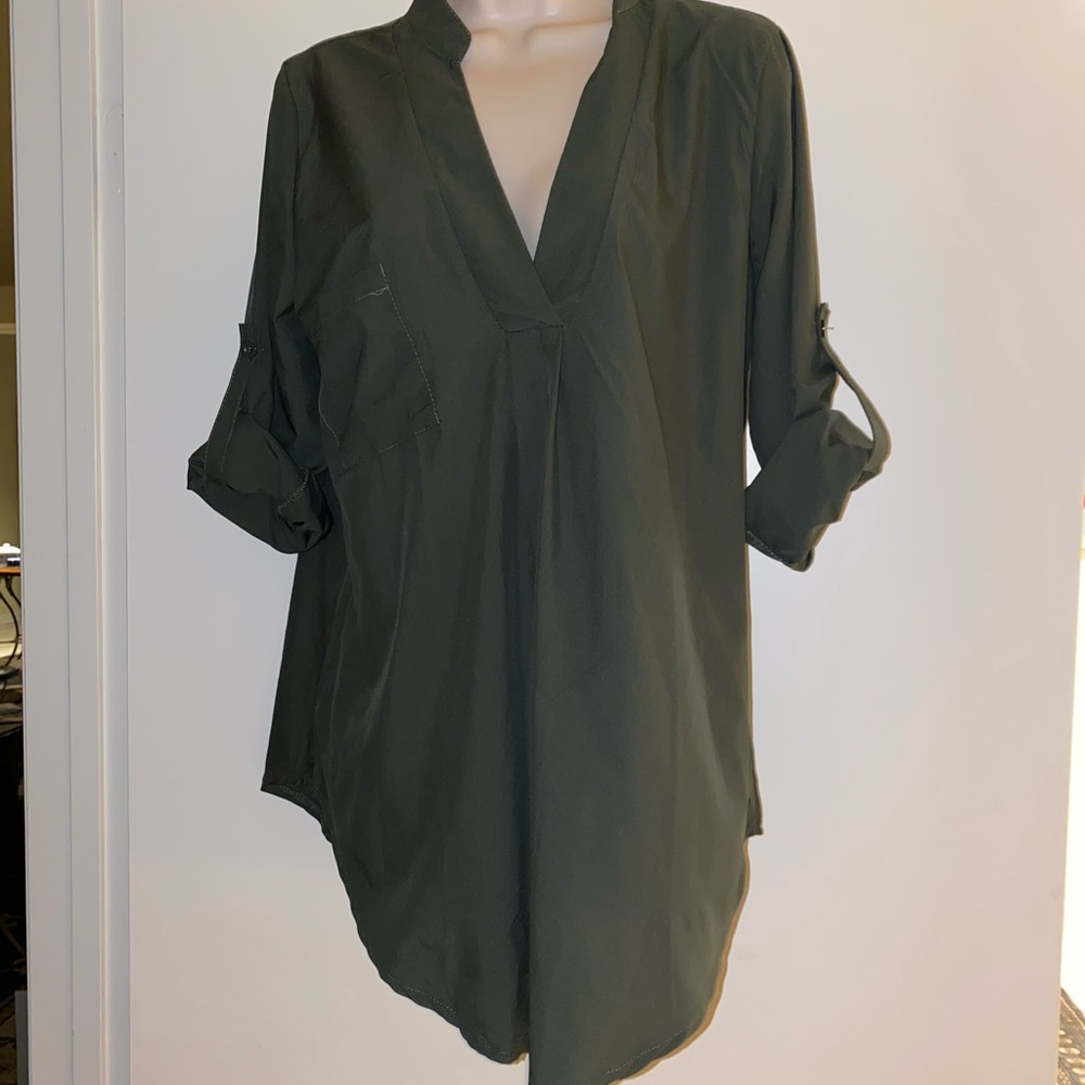 Olive Green Loose Fitting Blouse w Pocket, NEW